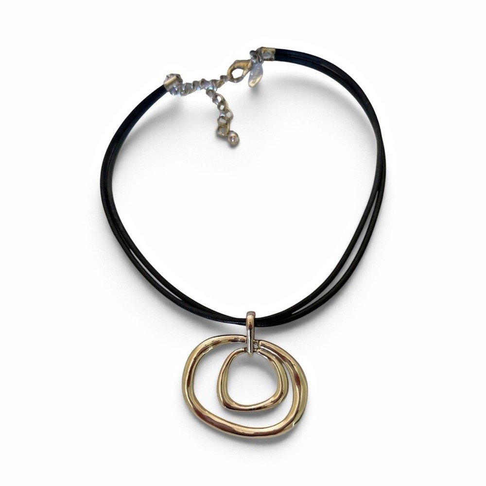 Black Leather Cord Adjustable Necklace Silver Tone Double Round Charm Pendant